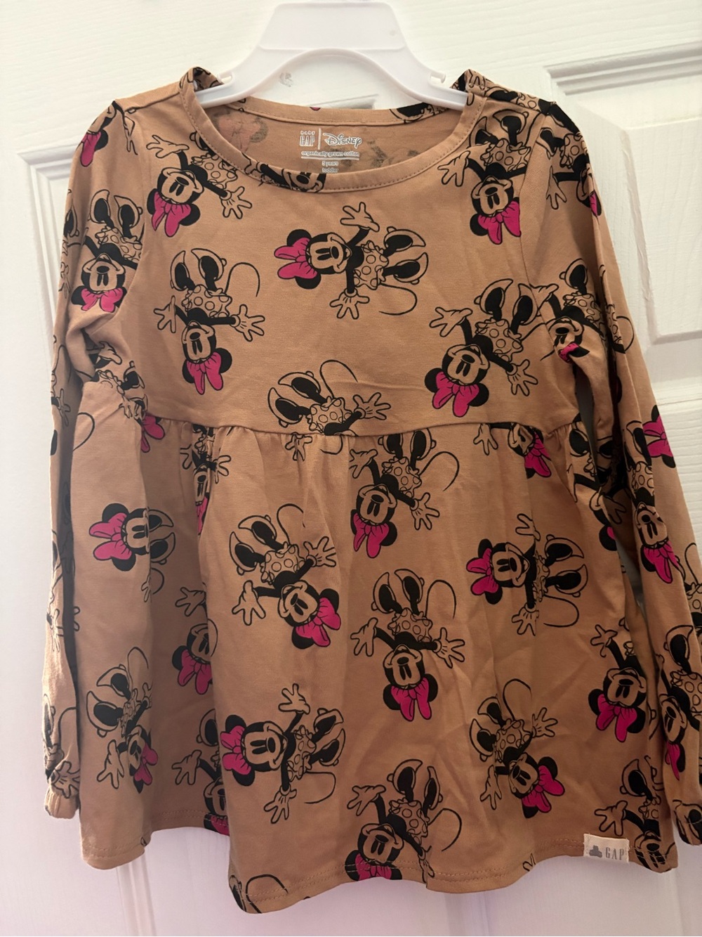 GAP Tan Long-Sleeve Minnie Mouse Top with Pink Bows